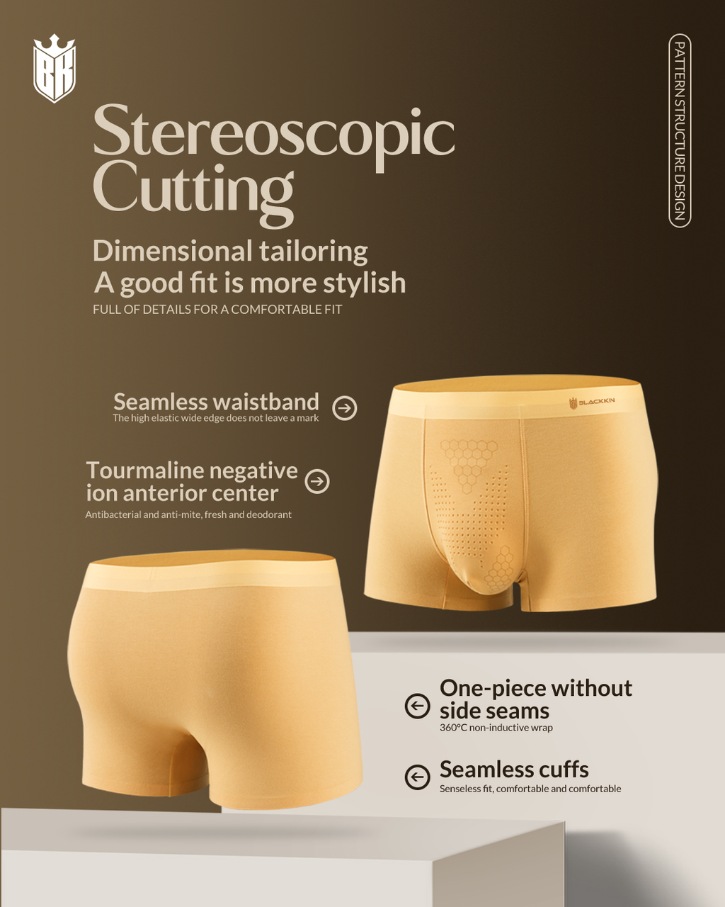 Blackkin Tourmaline Negative Ion Anterior Center Bump Massage Antibacterial Men's Luxury Seamless Underwear