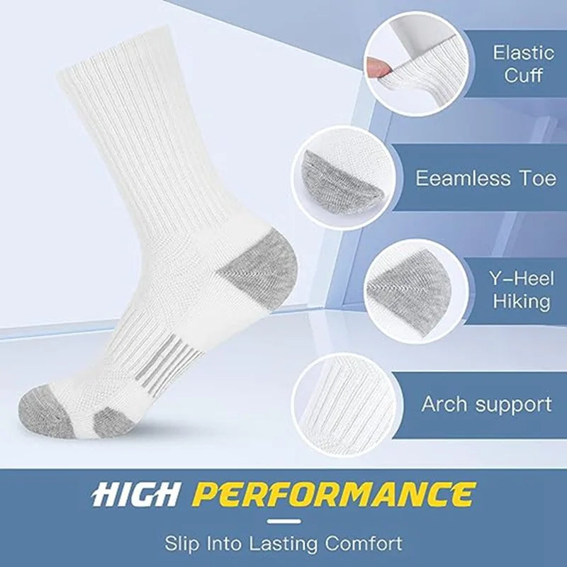 BLACKKIN 6 Pairs New Men Long Sport Socks Compression Socks Breathable Basketball Socks Cushion Running Socks White/Black Plus Size 38-46