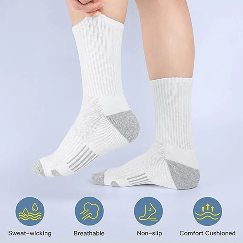 BLACKKIN 6 Pairs New Men Long Sport Socks Compression Socks Breathable Basketball Socks Cushion Running Socks White/Black Plus Size 38-46